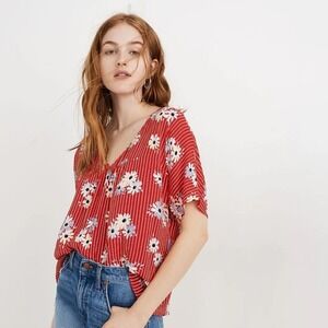 Madewell Red Rhyme Blouse Womens XXS Daisy Society Floral Boho Lagenlook Stripes